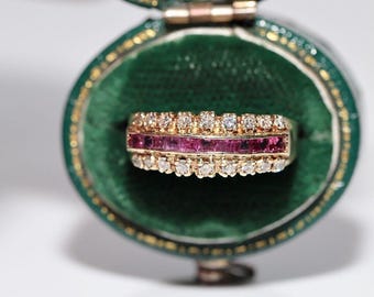 Vintage Circa 1980s 14k Gold Natural Diamond And Caliber Ruby Band Ring