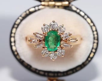 Bague Vintage En Or 18K Massif Avec Émeraude Et Diamants - Taille ITA 14 (USA 6.75)
