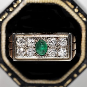 Victorian Circa 1900s 14k Gold Natural Diamond And Cabochon Cut Emerald Ring