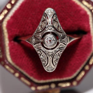 Antique Circa 1920s Art Deco 18k Gold Top Silver Natural Diamond Navette Ring