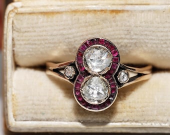 Antique Circa 1900s 10k Gold Natural Rose Cut Diamond And Caliber Ruby Ring
