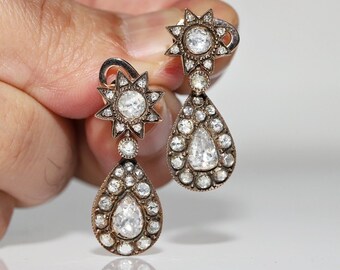 Boucles D'oreilles Artisanales Turques En Argent 925 Et Bronze Avec Giade Verte Et Topaze Blanche - Forme Goutte