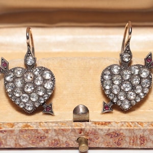 Vintage 14k Gold Top Silver Natural Rose Cut Diamond Heart Arrow Earring