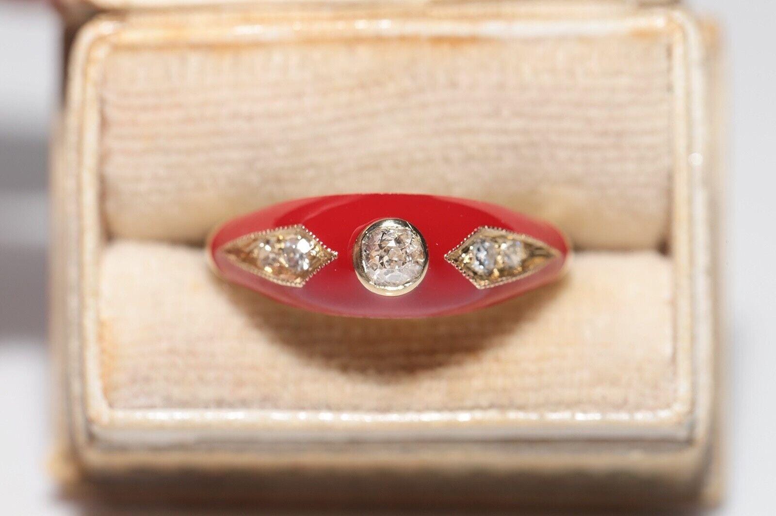 New made 14K Gold Natural Diamond Decorated Red Enamel Band Ring
