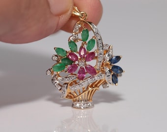 Vintage Circa 1990s 18k Gold Natural Diamond And Emerald Ruby Sapphire Pendant