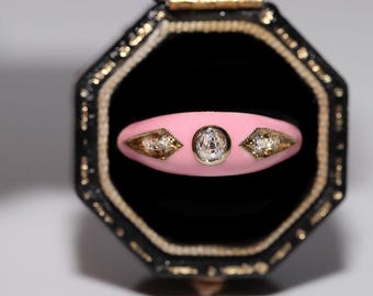 New made 14K Gold Natural Diamond Decorated Pink Enamel Band Ring