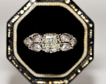 Antique Circa 1920s 18k Gold Art Deco Natural Diamond Decorated Solitaire Ring