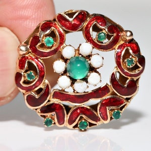 Vintage Circa 1960s 14k Gold Natural Opal And Jade Decorated Enamel Brooch