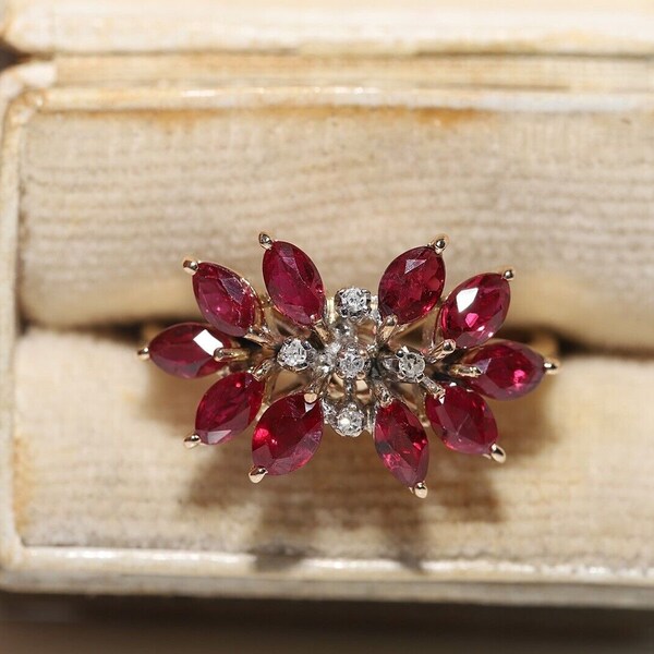 Vintage Circa 14k Gold Natural Diamond And Ruby Decorated Ring