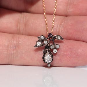 Antique Circa 1900s 8k Gold Natural Rose Cut Diamond And Ruby Flowers Necklace