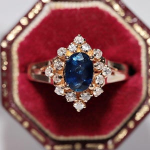 Vintage Circa 1980s 14k Gold Natural Diamond And Sapphire Navette Ring