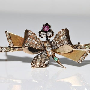 Antique Original Circa 1900s 14k Gold Natural Old Cut Diamond Decorated Brooch