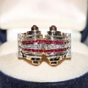 Vintage Circa 1980s 18k Gold Natural Diamond And Ruby Decorated Tank Ring