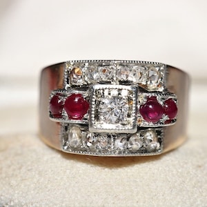 Antique Circa 1900s 14k Gold Top Silver Natural Diamond And Cabochon Ruby Ring