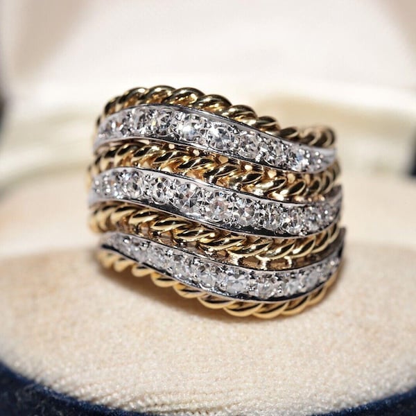 Vintage 1980er Jahre Handgefertigter Seilring aus 18 Karat Gold mit Naturdiamant, Größe 5