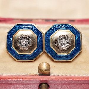 Antique Circa 1900s 18k Gold Natural Diamond And Enamel Solitaire Earring