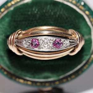 Antique Circa 1900s 14k Gold Natural Diamond And Ruby Decorated Ring