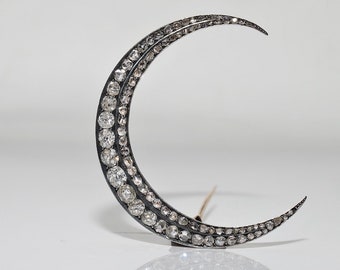 Antique Circa 1890s 14k Gold Top Silver Natural Diamond Decorated Moon Brooch