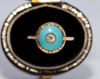 New Made 18k Gold Natural Diamond And Turquoise Decorated Pretty Ring