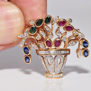 Vintage Circa 1980s 18k Gold Natural Diamond Emerald Sapphire Ruby Brooch