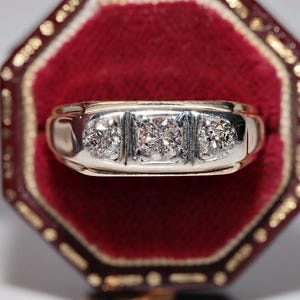 Antique Circa 1900s 18k Gold Natural Diamond Decorated Three Stone Band Ring