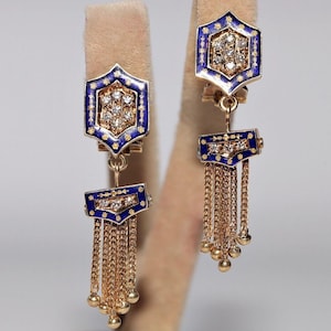 Vintage Circa 1980s Handcrafted 18k Gold Natural Diamond Enamel Drop Earring