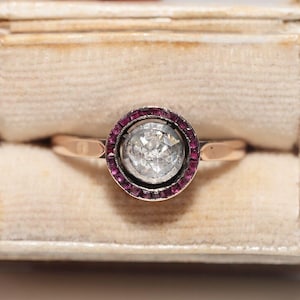 Antique Circa 1900s 10k Gold Natural Rose Cut Diamond And Ruby Solitaire Ring