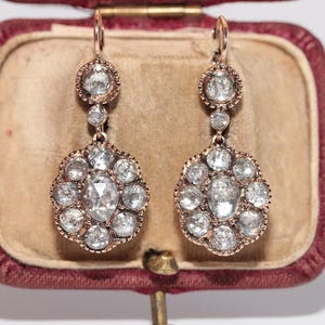 Vintage 14k Gold Natural Rose Cut Diamond Decorated Drop Earring