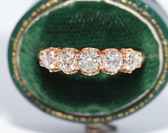 Vintage Circa 1990s 14k Gold Natural Diamond Decorated 5 Stone Band Ring
