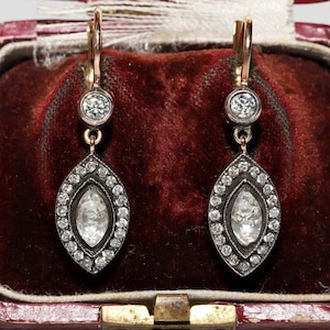 Vintage Circa 1990s 14k Gold Top Silver Natural Diamond Decorated Drop Earring
