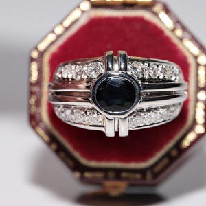 Vintage Circa 1990s 14k Gold Natural Diamond And Oval Sapphire Strong Ring