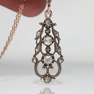 Antique Circa 1900s 18k Gold Top Silver Natural Diamond Pendant Necklace