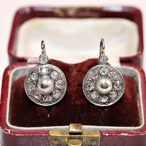 Antıque Cırca 1900S Original 18K Gold Natural Diamond And Pearl Earrıng
