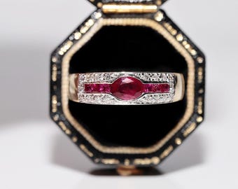 Vintage Circa 1980s 18k Solid Gold Natural Diamond And Ruby Decorated Band Ring