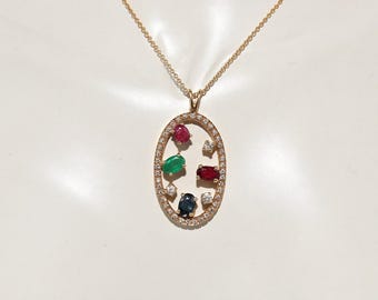 Vintage Circa 1980s 18k Gold Natural Diamond And Ruby Sapphire Emerald Necklace