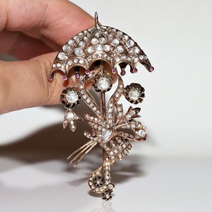 Antique Circa 1900s Ottoman 10k Gold Natural Rose Cut Diamond Umbrella Brooch