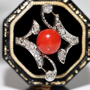 Antique Circa 1910s Art Nouveau 18k Gold Top Silver Natural Diamond And Coral Ring