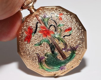 Antique 14k Gold Enamel Decorated Pendant Pocket Watches
