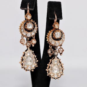 Antique Circa 1900s 14k Gold Natural Rose Cut Diamond And Enamel Drop Earring