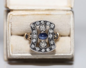 Antique Art Deco 18k Gold Top Silver Natural Diamond And Cabochon Sapphire Ring