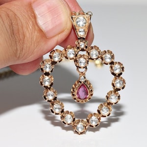 Antique Circa 1900s 12k Gold Natural Rose Cut Diamond And Ruby Pendant Necklace