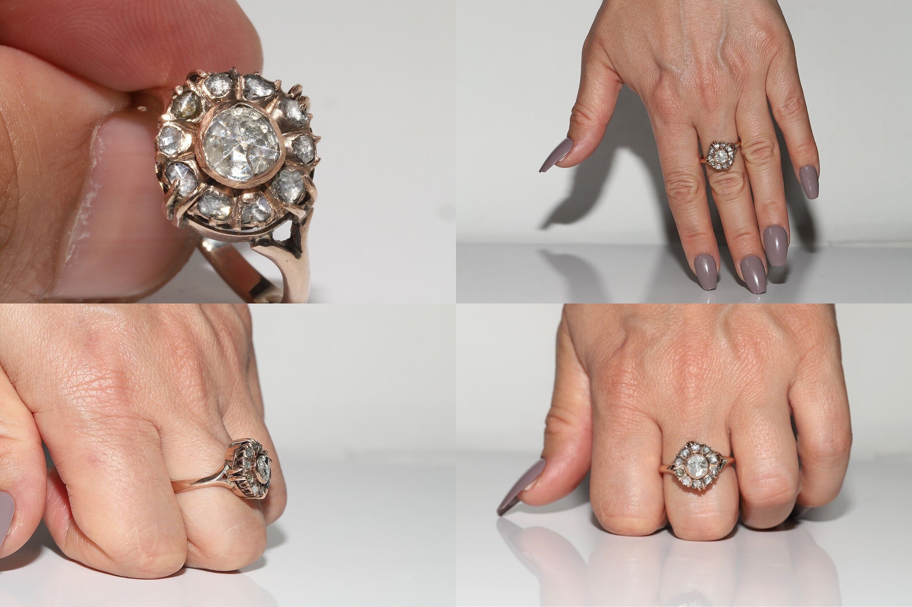 Bague Antique Or 18k Diamants Taille Rose - Monture Enroulée, Circa 1900, Taille 51