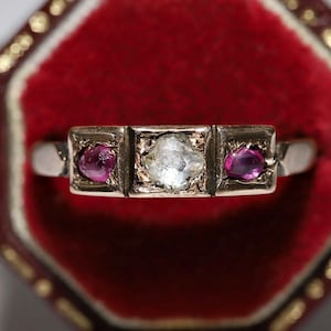 Antique Circa 1900s 8k Gold Natural Rose Cut Diamond And Ruby There Stone Ring