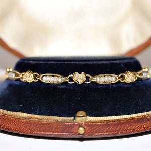 Vintage Circa 1990s 18k Gold Natural Diamond Pearl Decorated Tennis Bracelet