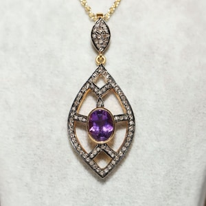 Vintage Original 14k Gold Natural Diamond And Amethyst Decrated Pretty Pendant Necklace