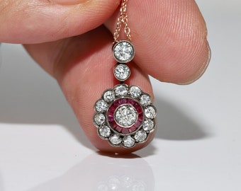 Vintage Circa 1980s 14k Gold Top Silver Natural Diamond And Ruby Necklace