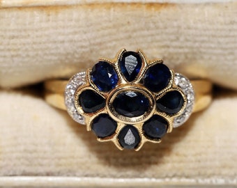 Vintage 18k gouden ring met natuurlijke saffier en diamanten, circa jaren 1980