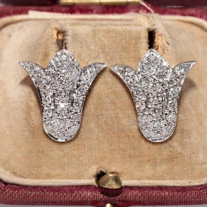 Vintage Circa 1980s 14k Gold Natural Diamond Decorated Tulip Style Earring