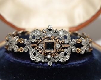 Antique Circa 1870s 18k Gold Top Silver Natural Diamond And Sapphire Bracelet