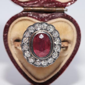 Antique Circa 1900s 8k Gold Top Silver Natural Diamond And Oval Cut Ruby Ring